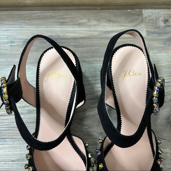 J. Crew Embellished Penny Heeled Sandals Black Suede sz 10 - Picture 5 of 9